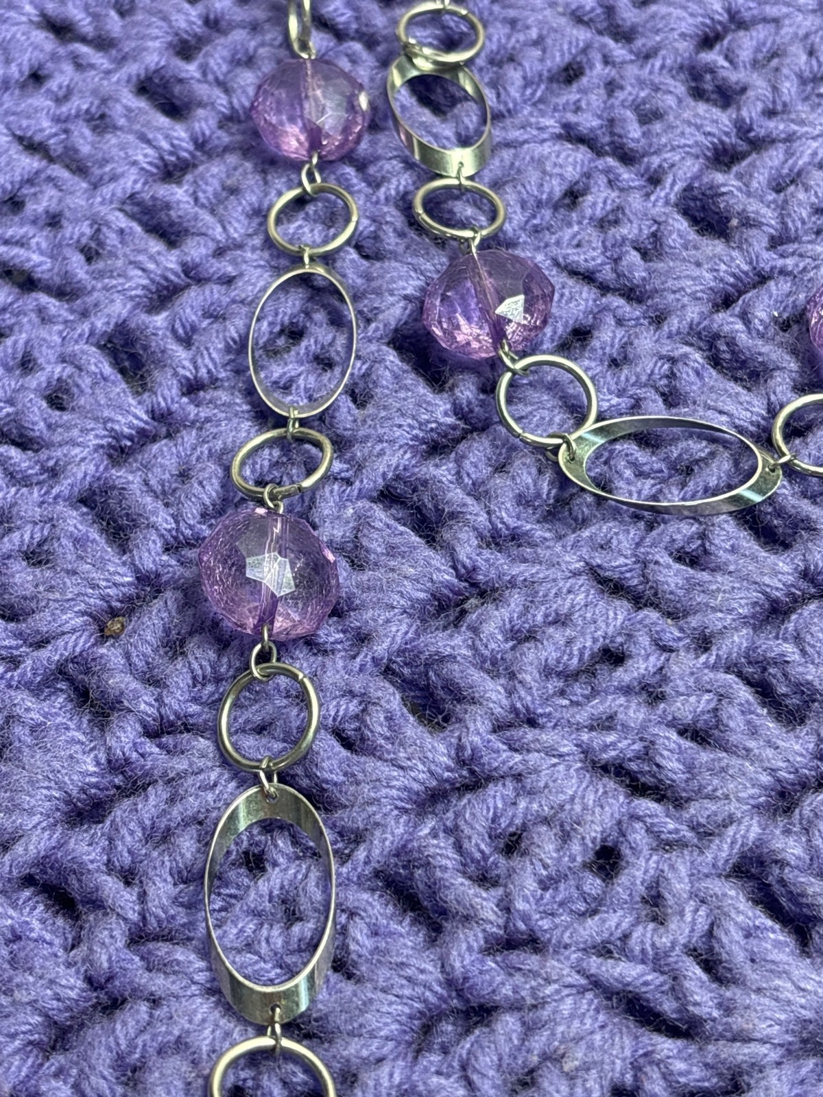 Geometric Silvertone Chain Necklace Purple Plastic Beads No Clasp 33 inches Long