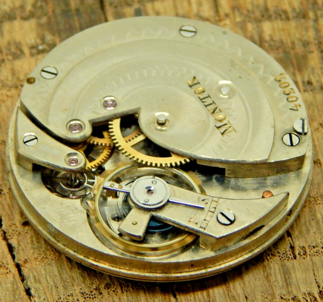 Antique Vintage Monitor Pocket watch movement 35.6mm 15 3/4 L 3/4 plate Running