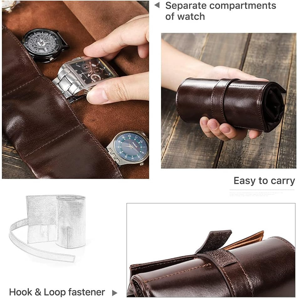 Genuine Leather Travel Watch Case Roll Organizer Classic, Leather 6-Watches Roll