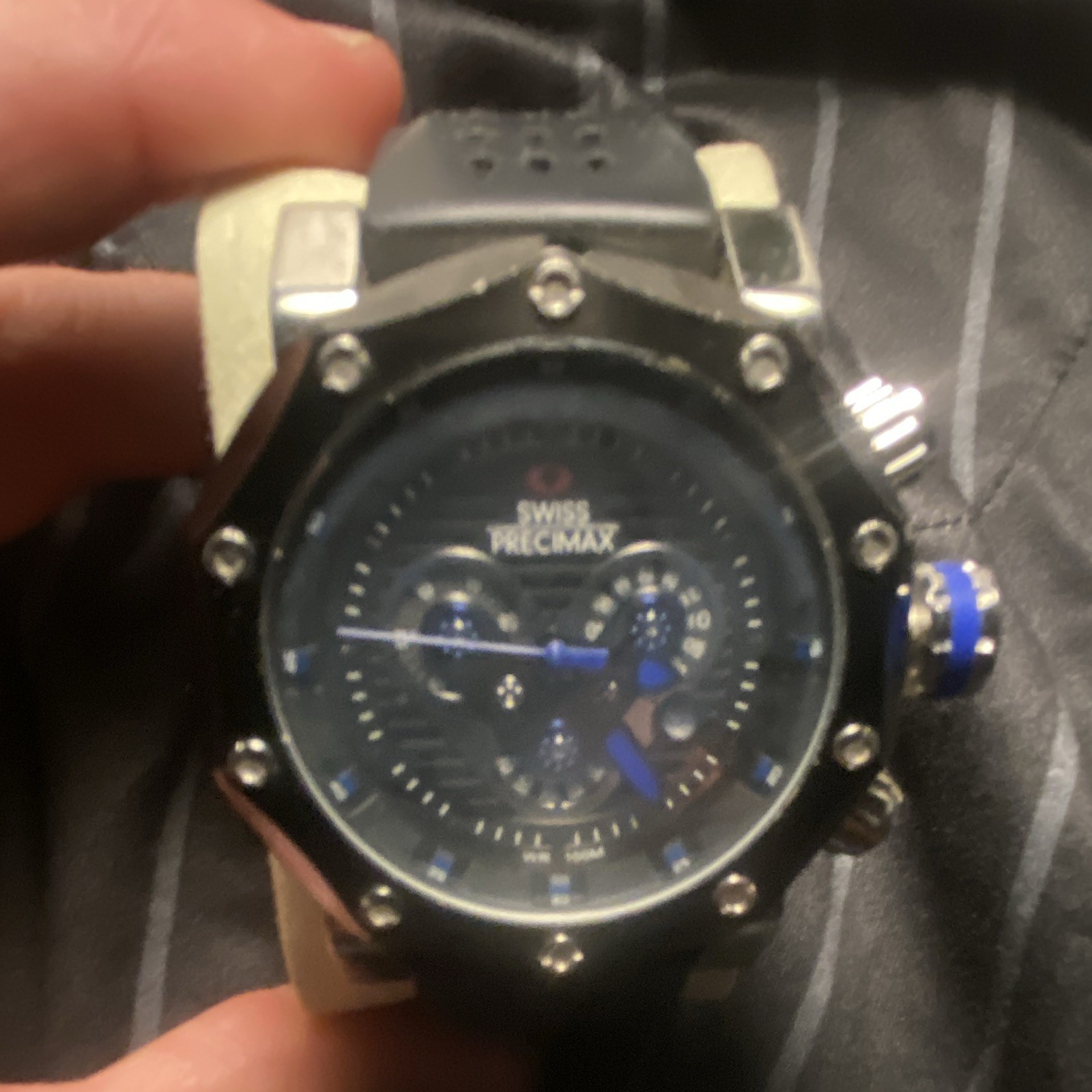 Swiss Precimax Quartz Chronograph Men’s 52mm Black/Blue Dial Date Rubber 100m