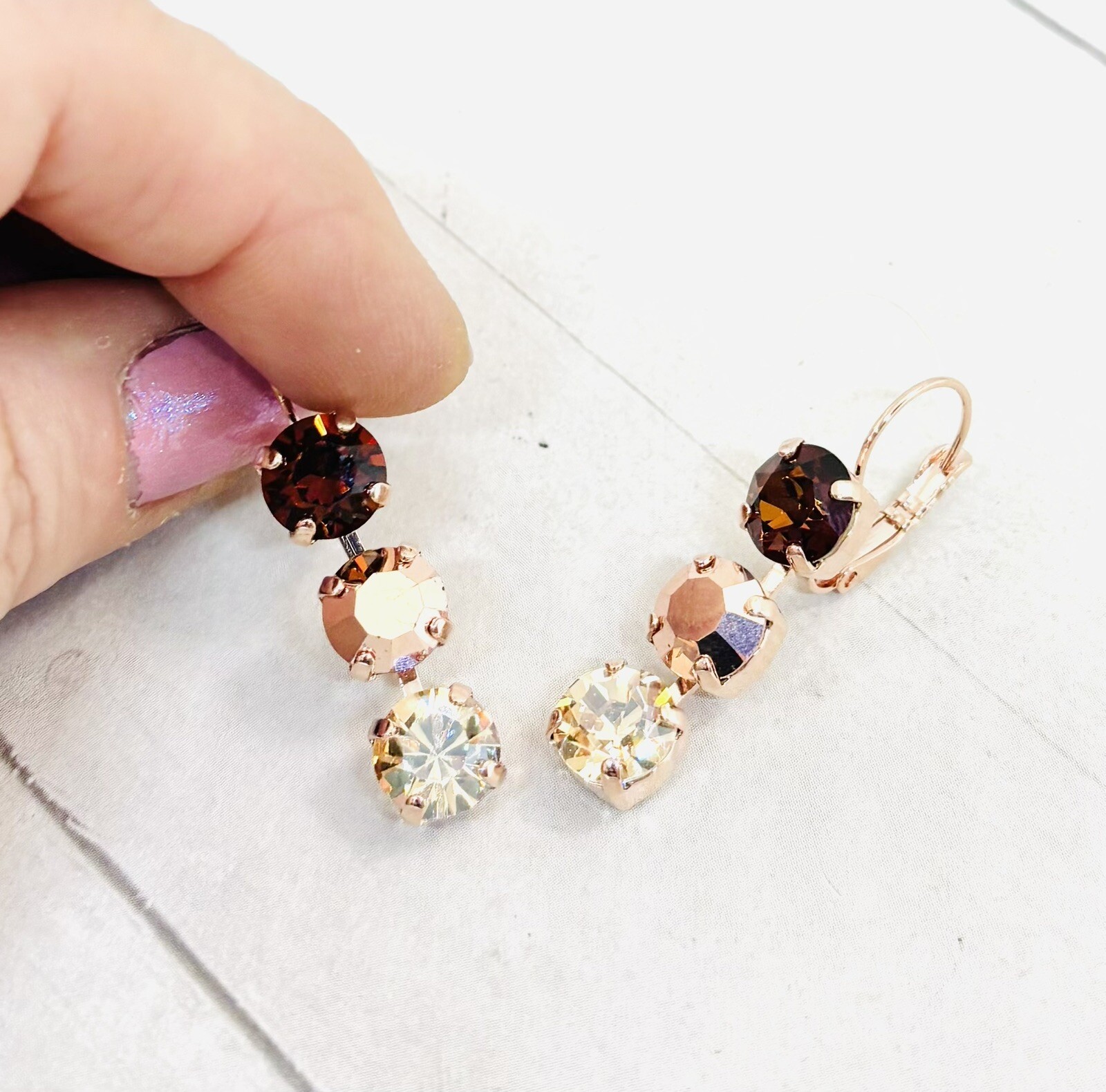 Rose Gold Plated Chocolate Brown and Rose Gold Triple Stone Cup Chain Earrings