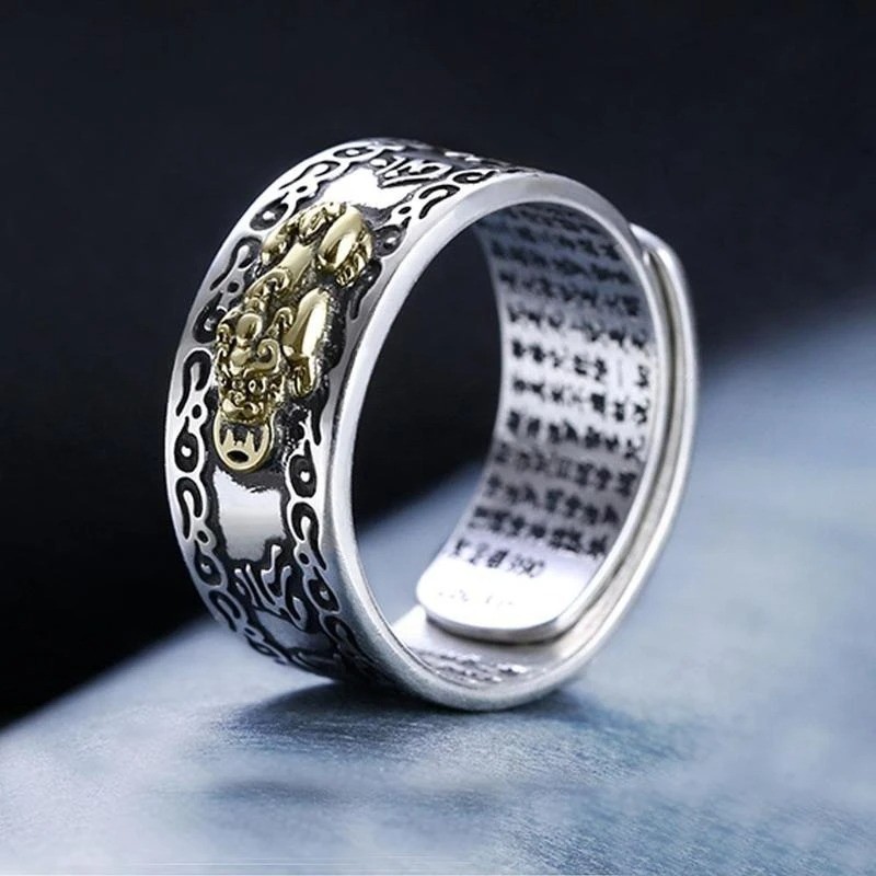 Feng Shui Pixiu Adjustable Ring Silver Plated Buddhist Mantra LuckyAmulet Unisex