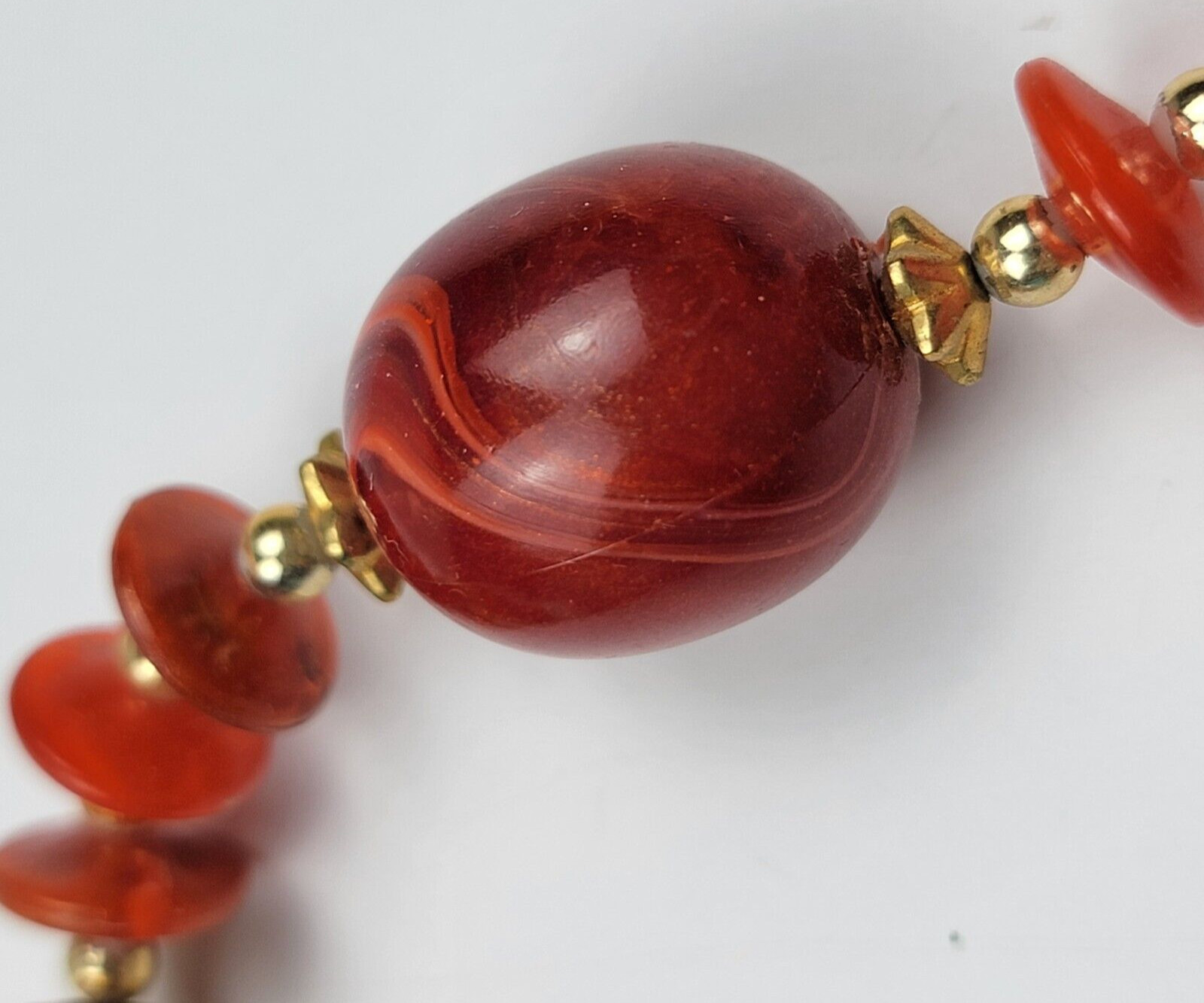 Vintage Red Lucite Beaded Necklace 31″ Gold Tone Spacers Spring Ring Clasp