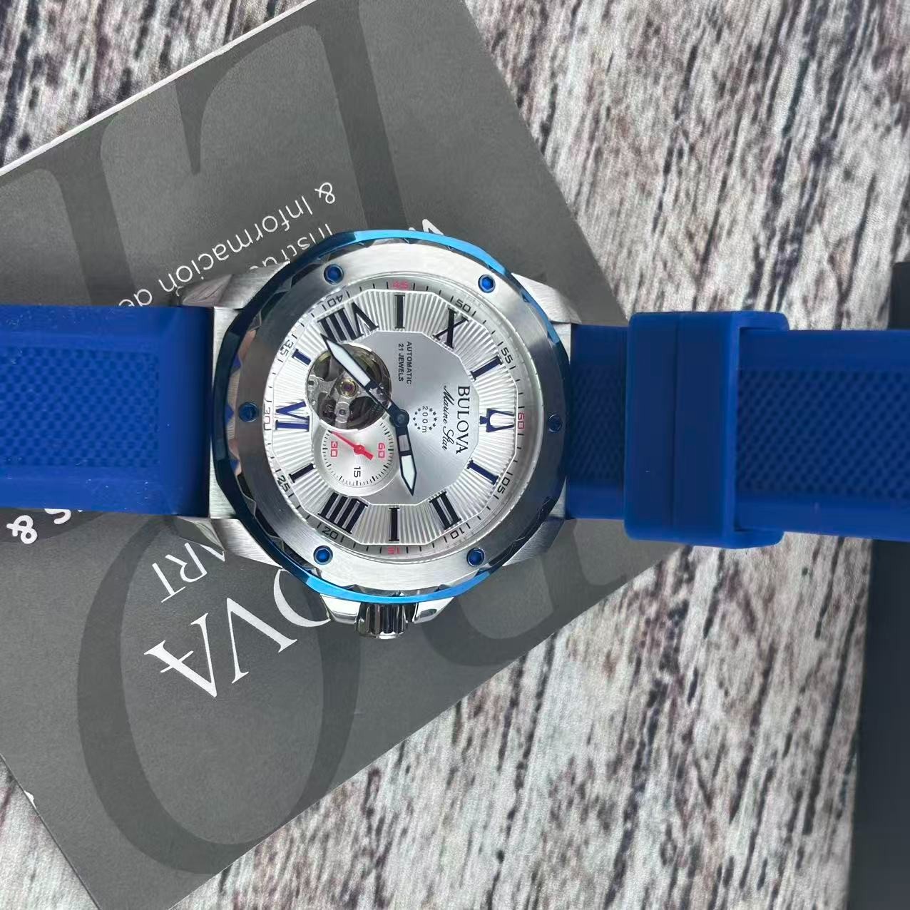 New Bulova Marine Star 98A225 Men’s Automatic Watch White Dial Blue Rubber Strap