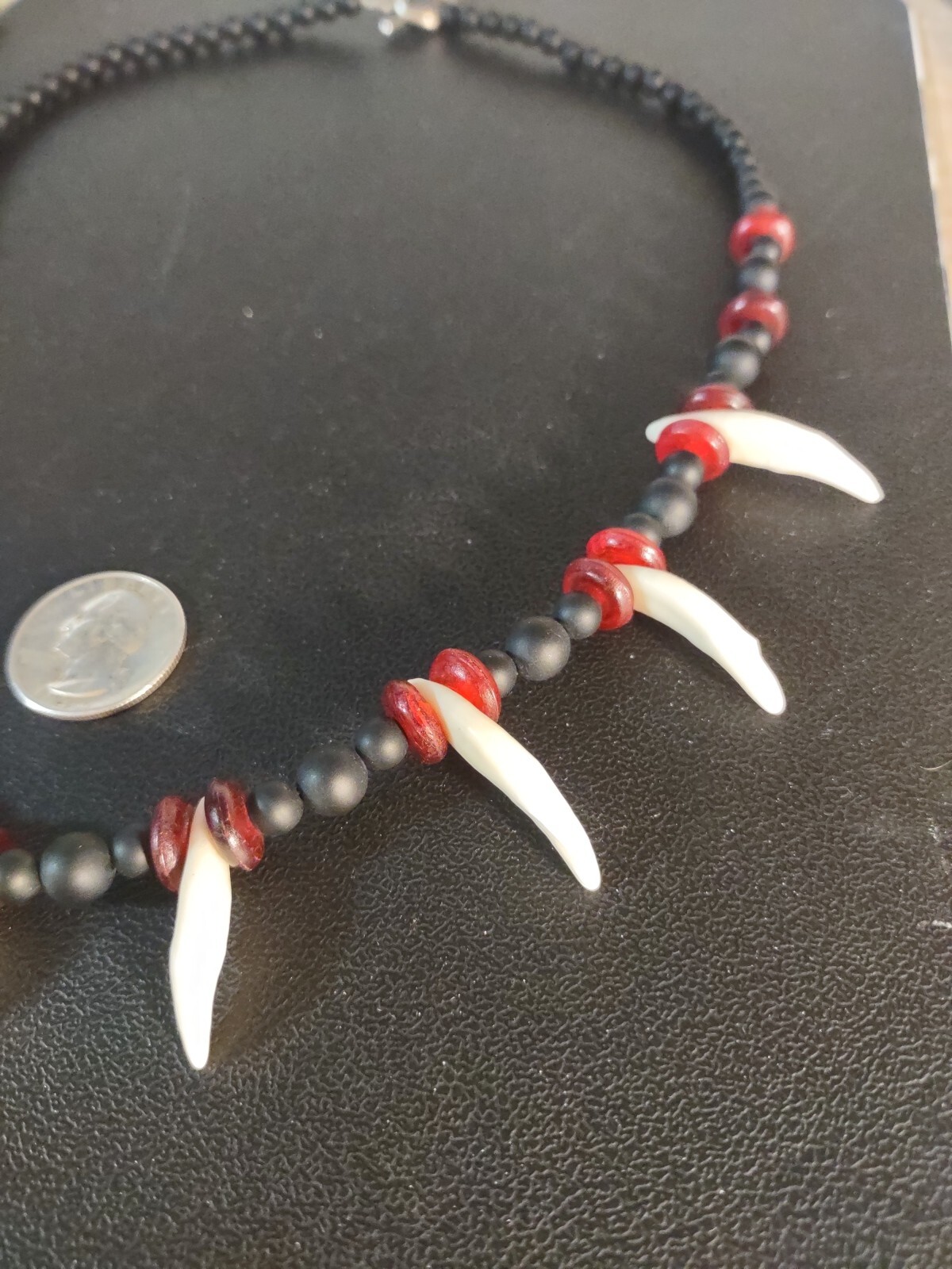 Modern 25″ Genuine Coyote Tooth Teeth, Onyx, Horn Necklace Handmade Artisanal