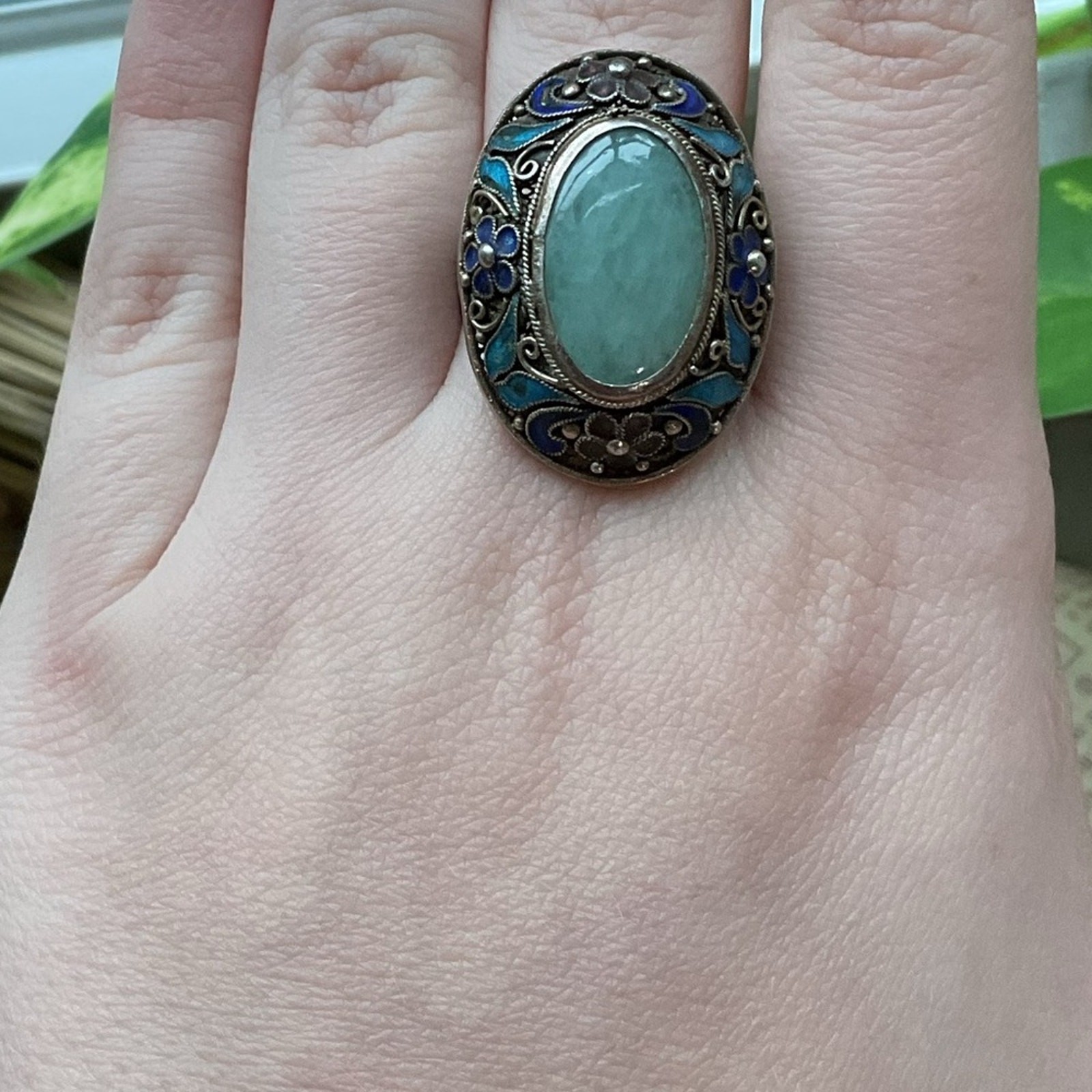 Vintage Chinese Export Jade Enamel Floral Adjustable Ring