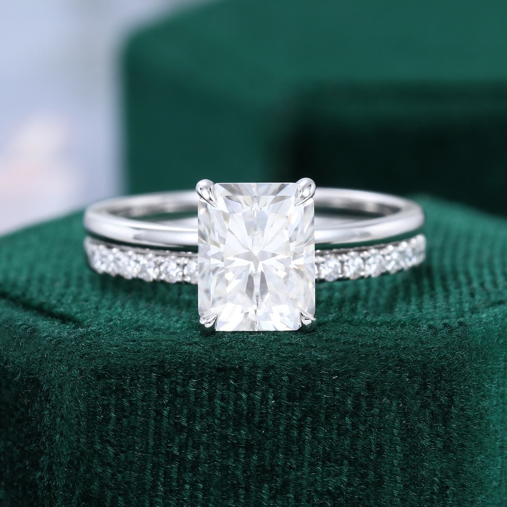 2.90 Ct Emerald Cut EF/VS1 Lab Grown Diamond Engagement Ring Set 14K White Gold