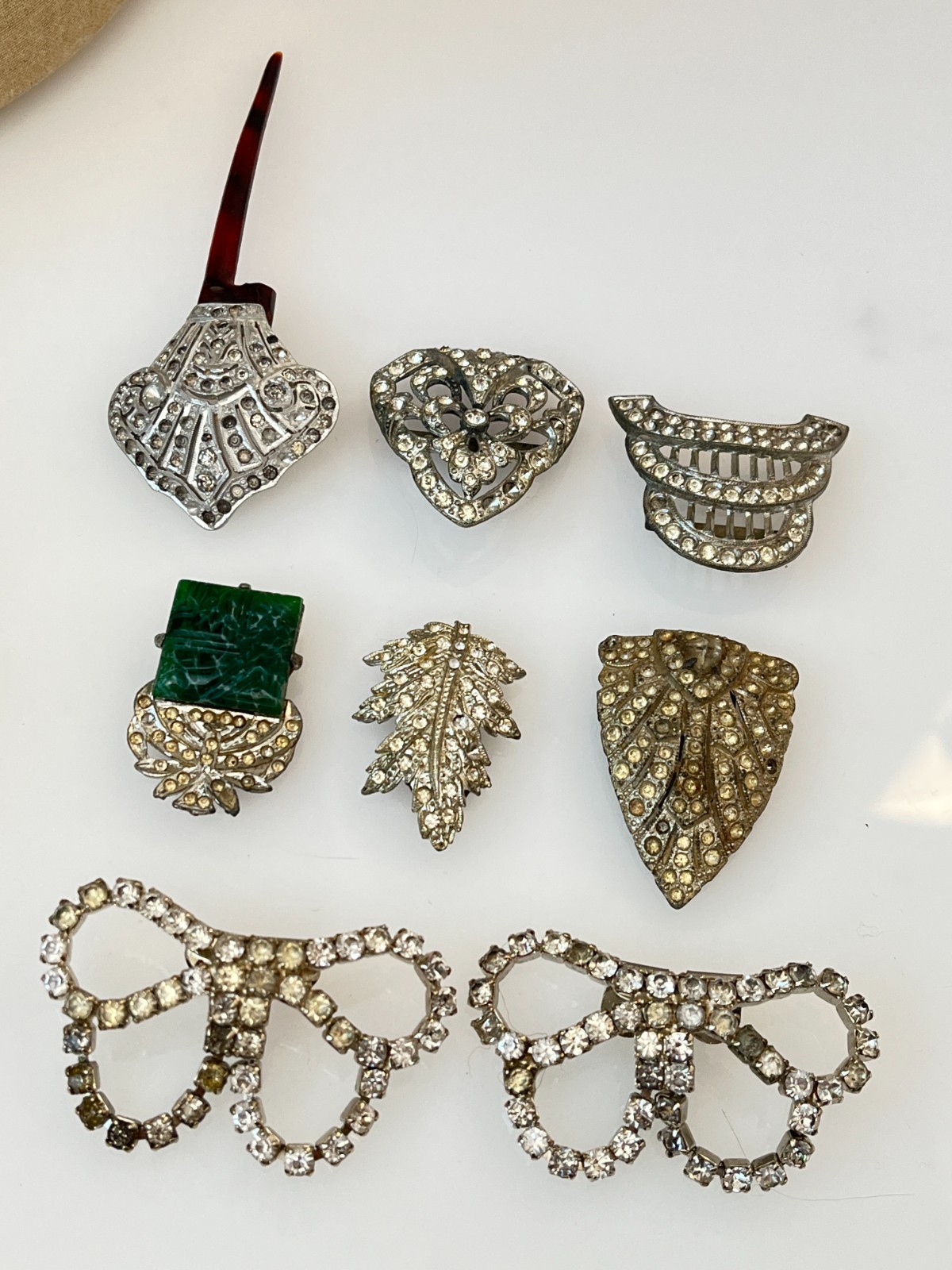 Antique Upcycle Repair Dress Clip, Belt, Shoe Clip Rhinestone Jade Jewelry Lot