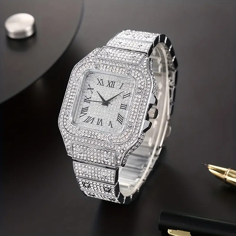 MEN’S ICED LUXURY GOLD PLATED SIMULATED DIAMOND METAL BAND WRIST SQUARE WATCH