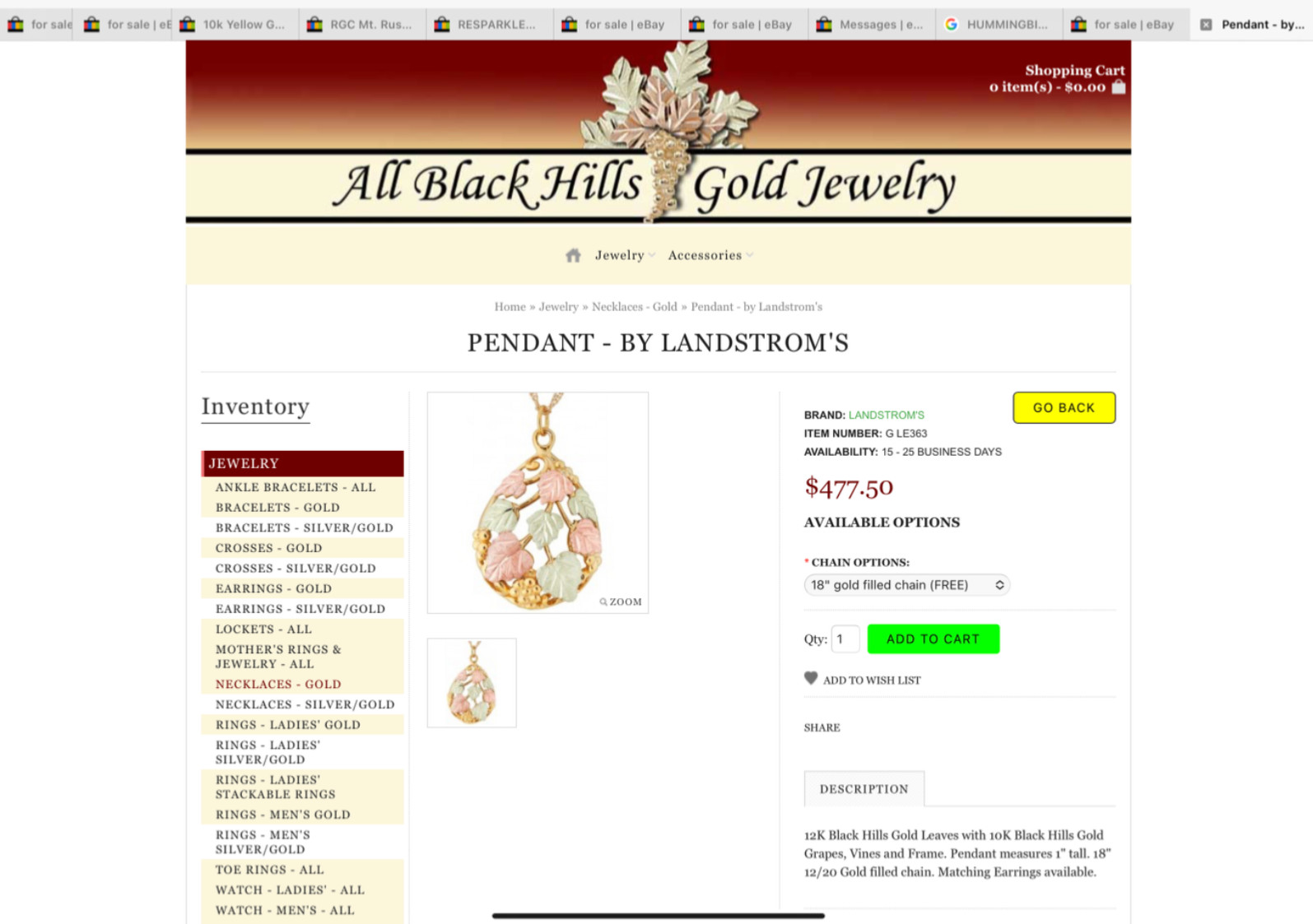 Black Hills Gold 10k 12k Large Multiple Leaves Vines Pendant Necklace