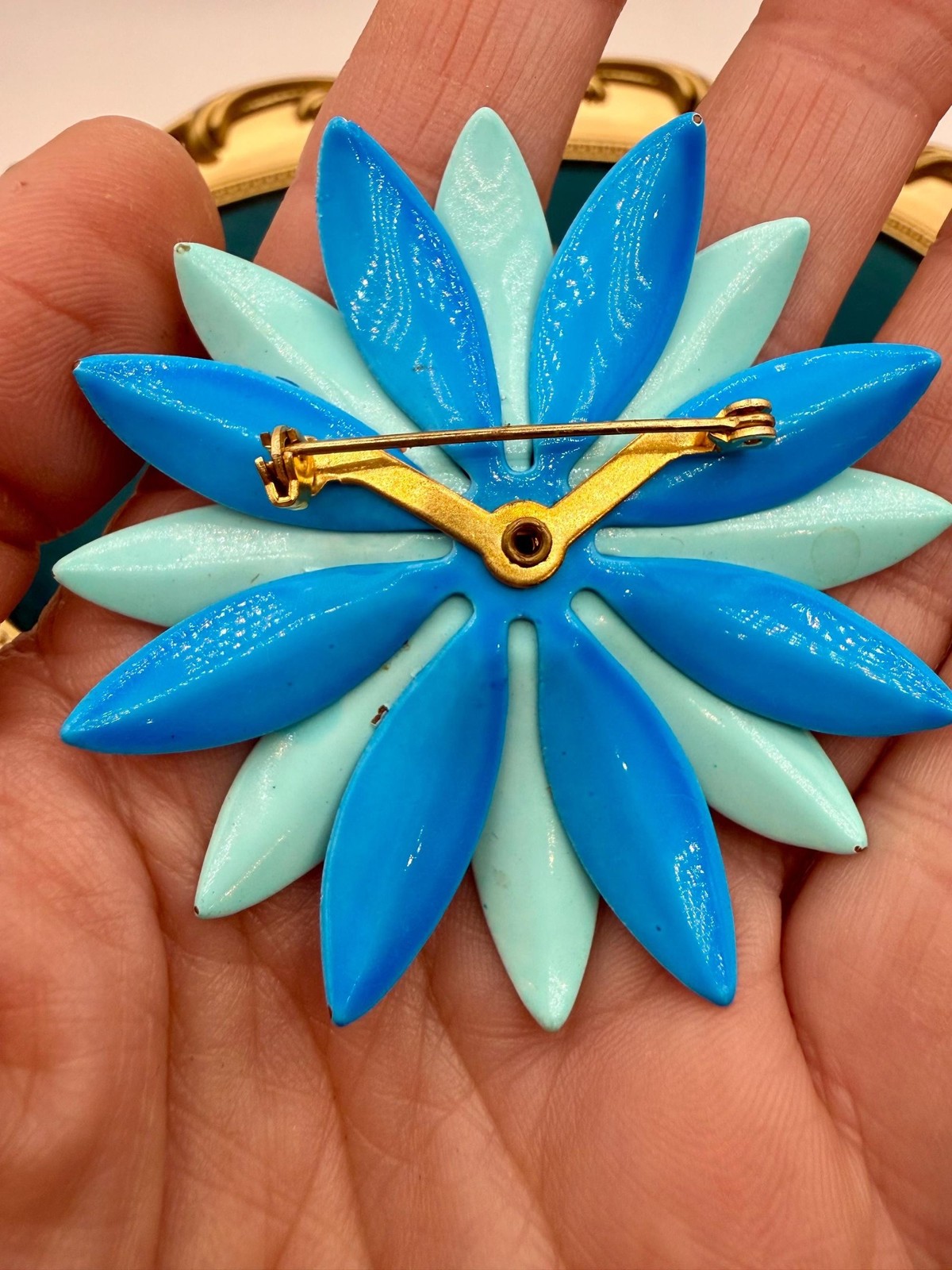 Vintage Enamel Daisy Brooch, Turquoise Cobalt Mod Floral Pin