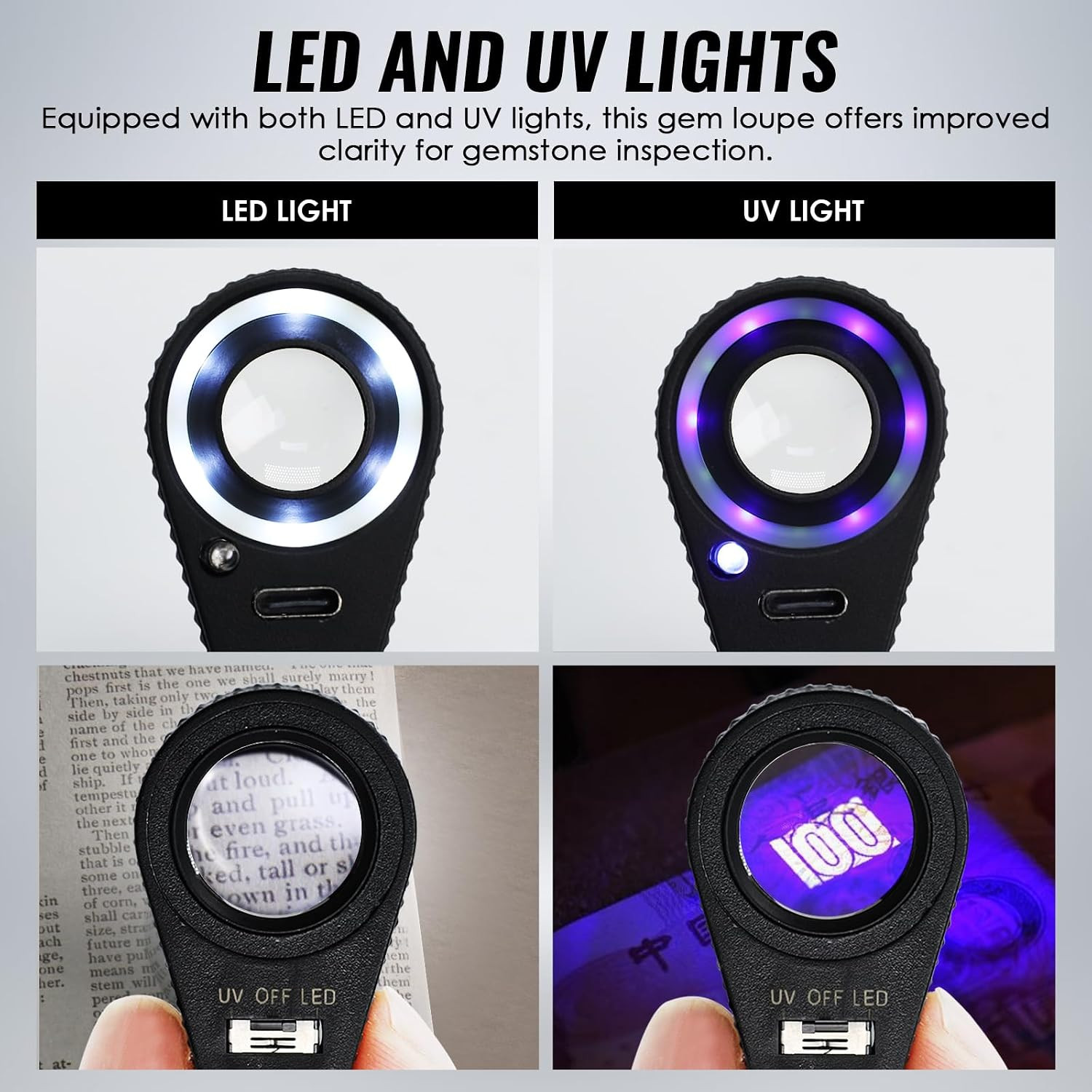 10X Jewelers Loupe with UV & LED Lights, Rechargeable 10X Loupe Magnifier 22Mm O