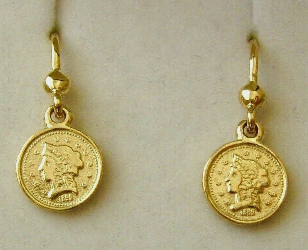 GENUINE SOLID 9K 9ct YELLOW GOLD SMALL 1899 COIN DANGLE HOOK EARRINGS