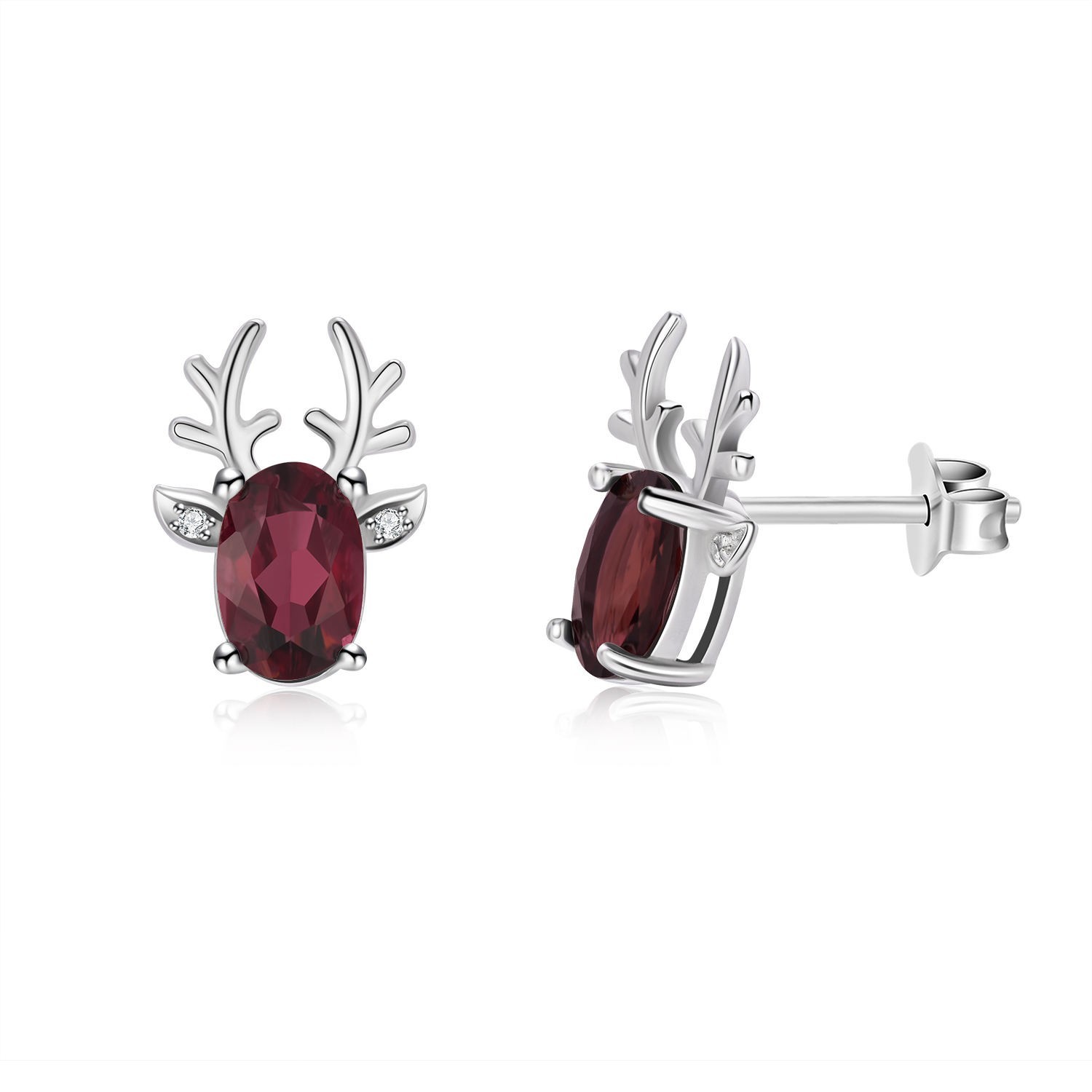 Lab Created 925 Sterling Silver Oval Ruby Deer Stud Earrings Reindeer Women Gift