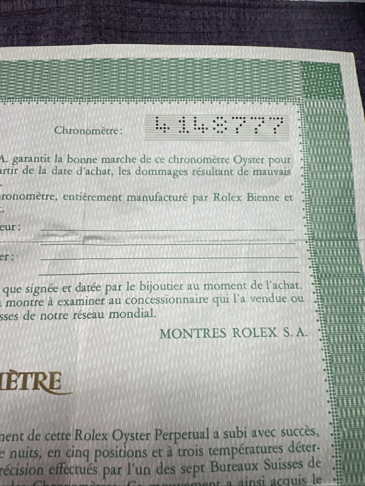GENUINE Rolex Vintage watch Guarantee Warranty 1970s Certificate