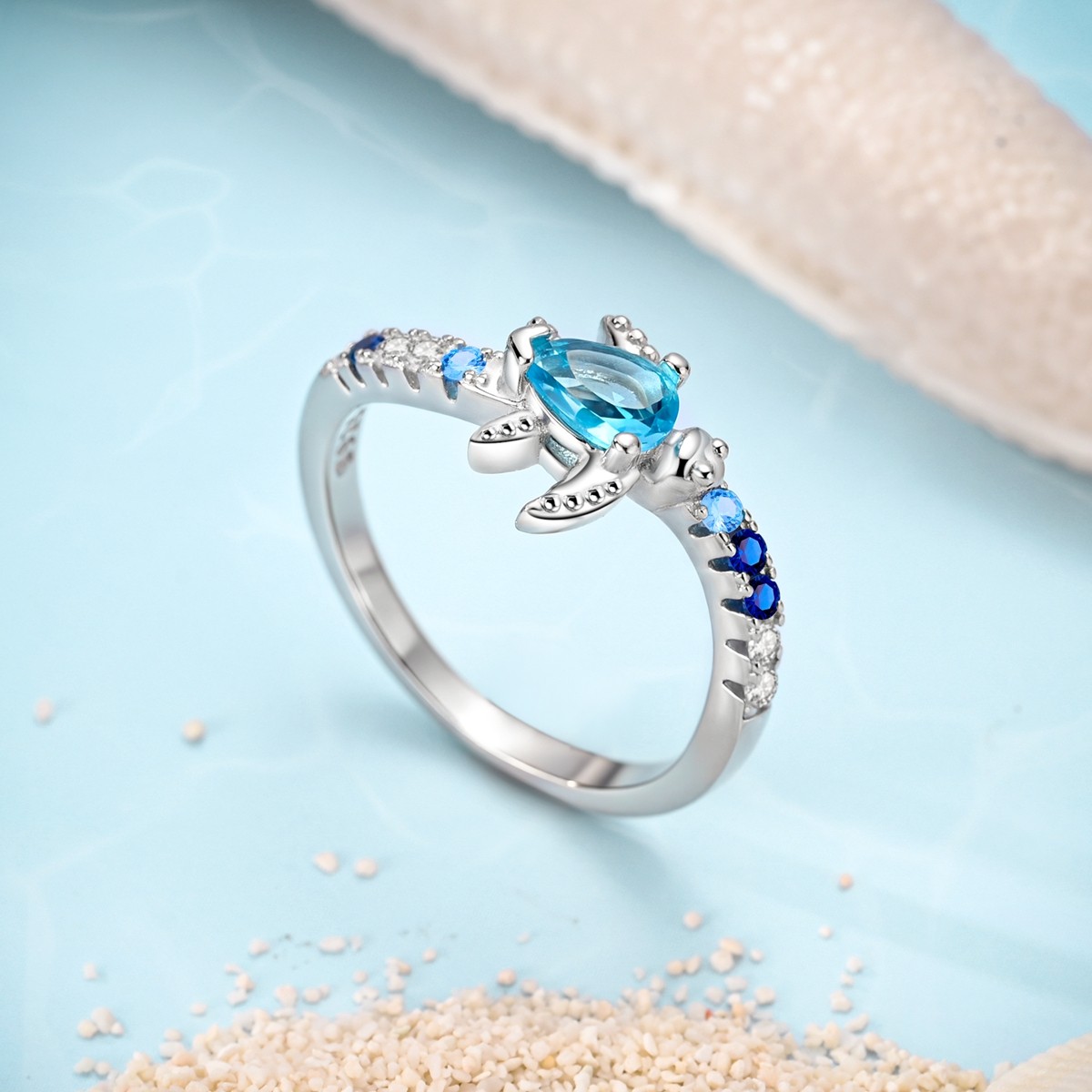 LAZA Original 925 Sterling Silver Ring Blue CZ Turtle Roaming for Women Jewelry