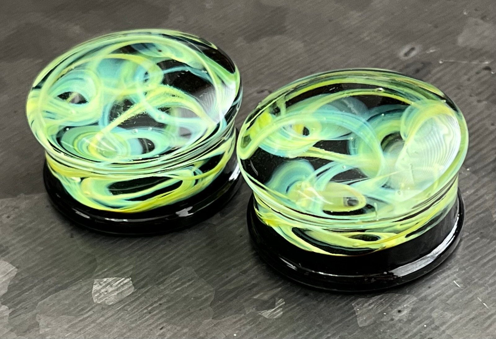 PAIR of Green Swirling Smoke Style Pyrex Glass Double Flare Plugs Body Jewelry