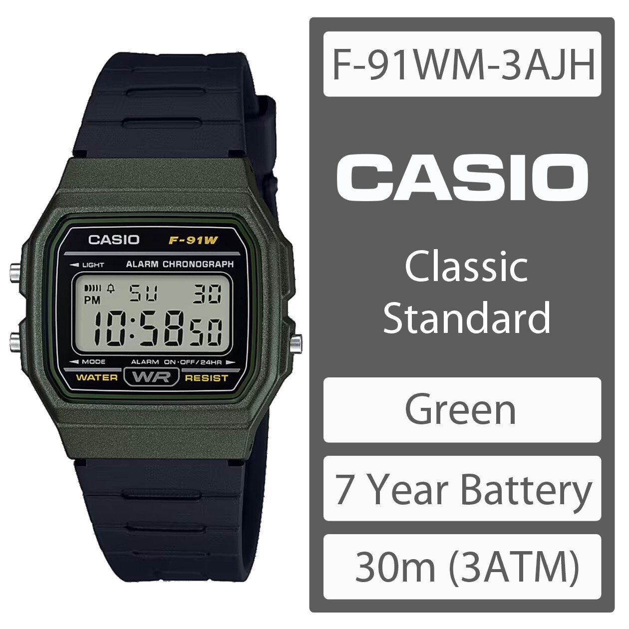 CASIO F-91WM-3AJH Classic Digital Watch Olive Green Case / Black Strap