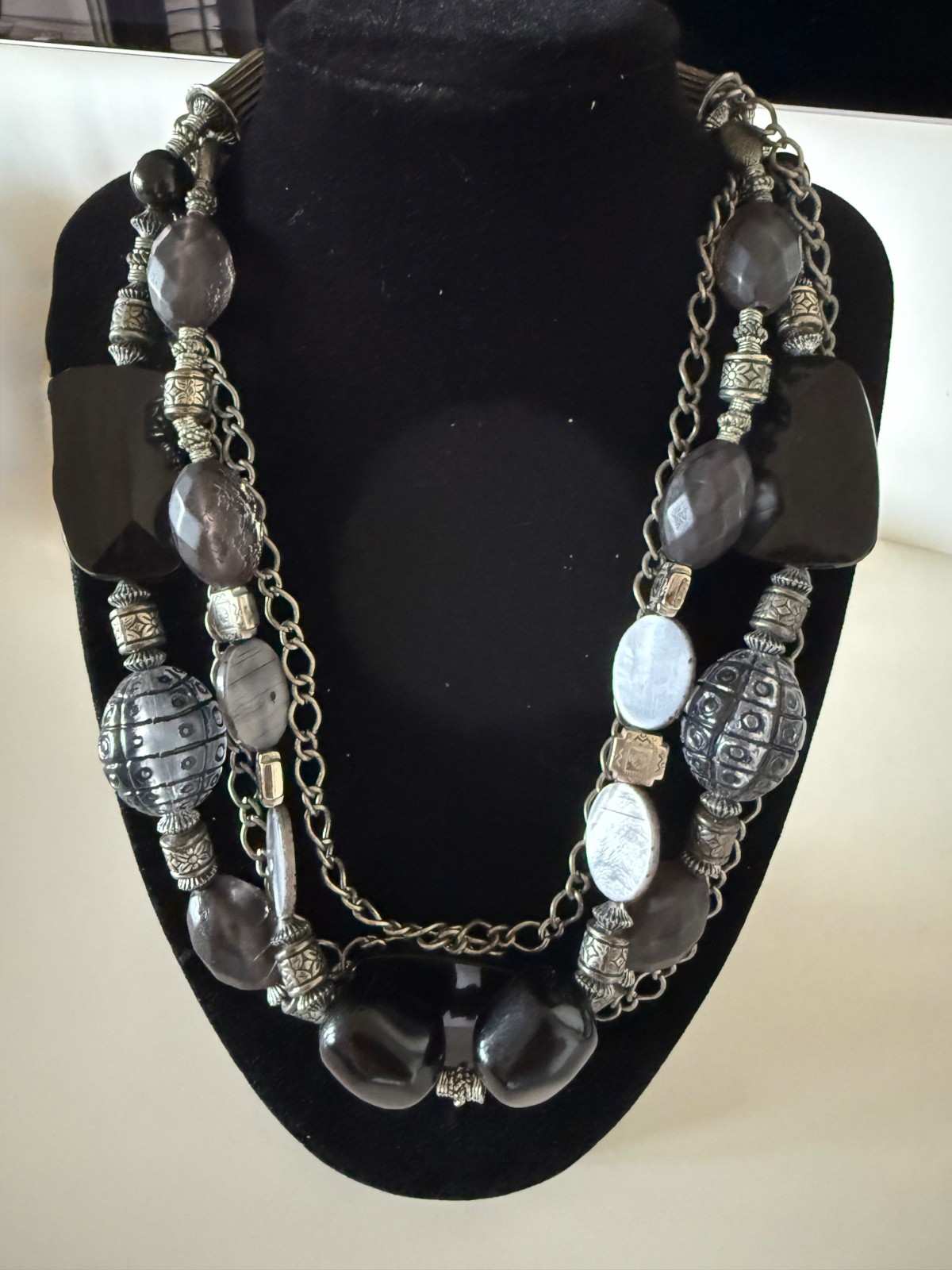 Chunky Statement Beaded Multi Strand Necklace Silver, Black & Gray