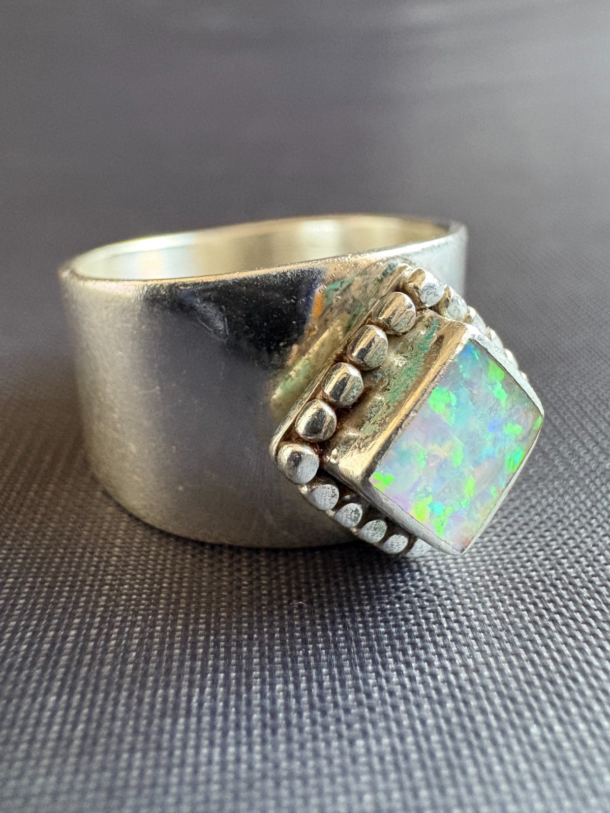 Vintage Carol Felley 925 Sterling Silver Opal Ring Wide Band 1995 Size 8 US