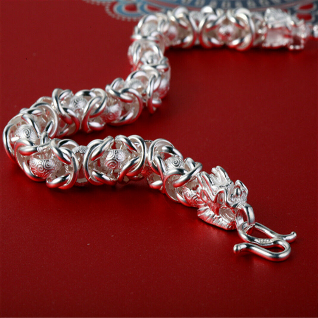 Fine Pure S999 Sterling Silver Bracelet Women Men Dragon Head Engrave Link