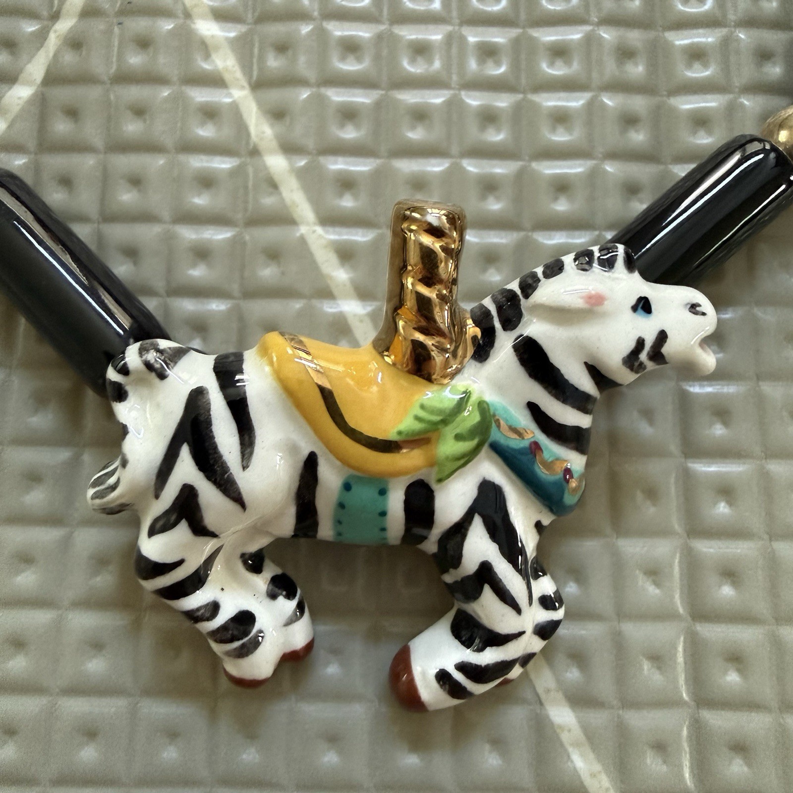 Flying Colors Vintage Hand-Painted Enamel Ceramic Carousel Zebra Necklace