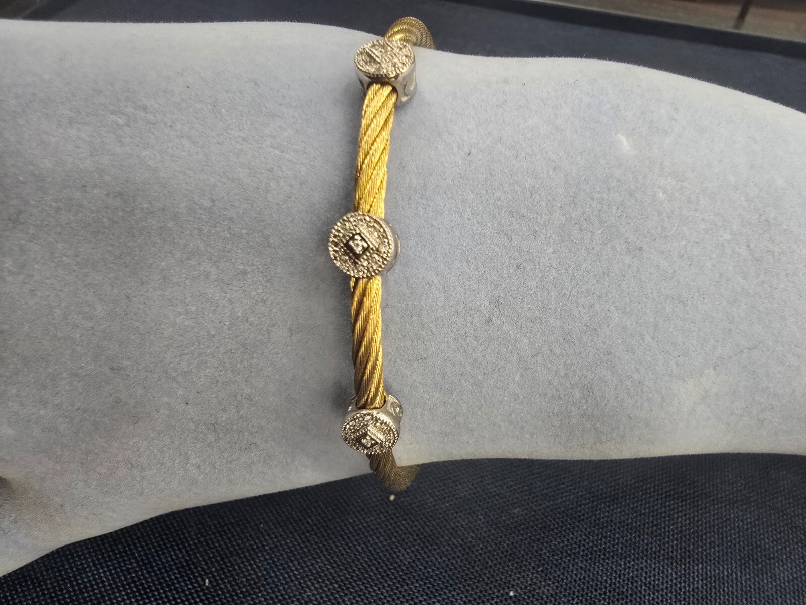 PHILIPPE CHARRIOL 18k White Gold & Diamond Steel Cable Bracelet 0.14 ct diamond