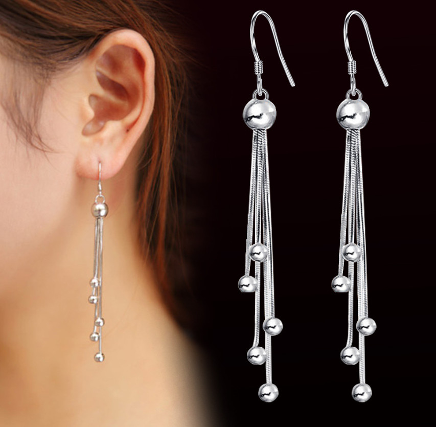 Women Dangle Drop Ball Tassel Chain Stud Silver Plated Earrings Gift Party TH5