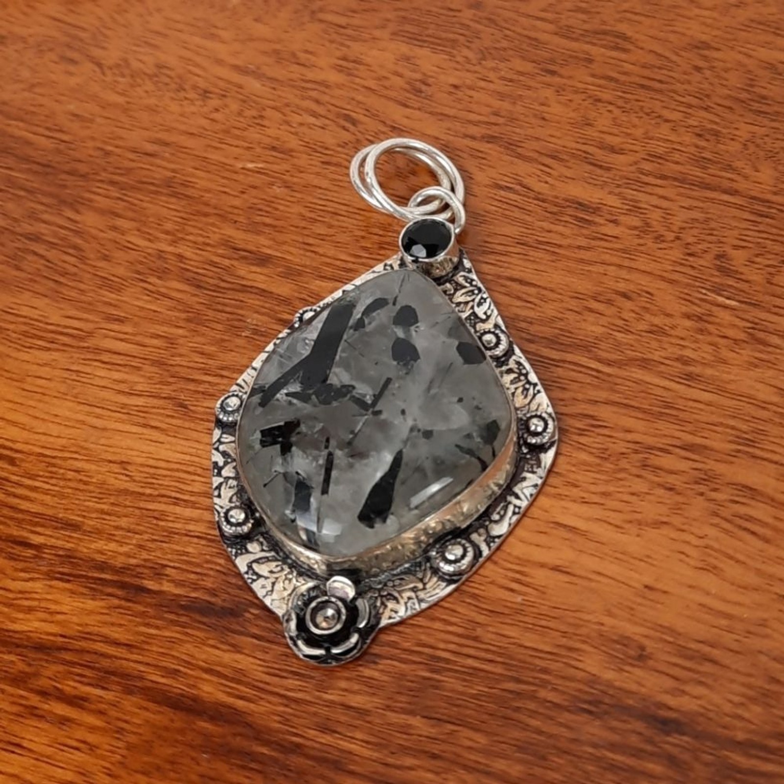 Elegant Silver and Larvikite Natural Stone Pendant