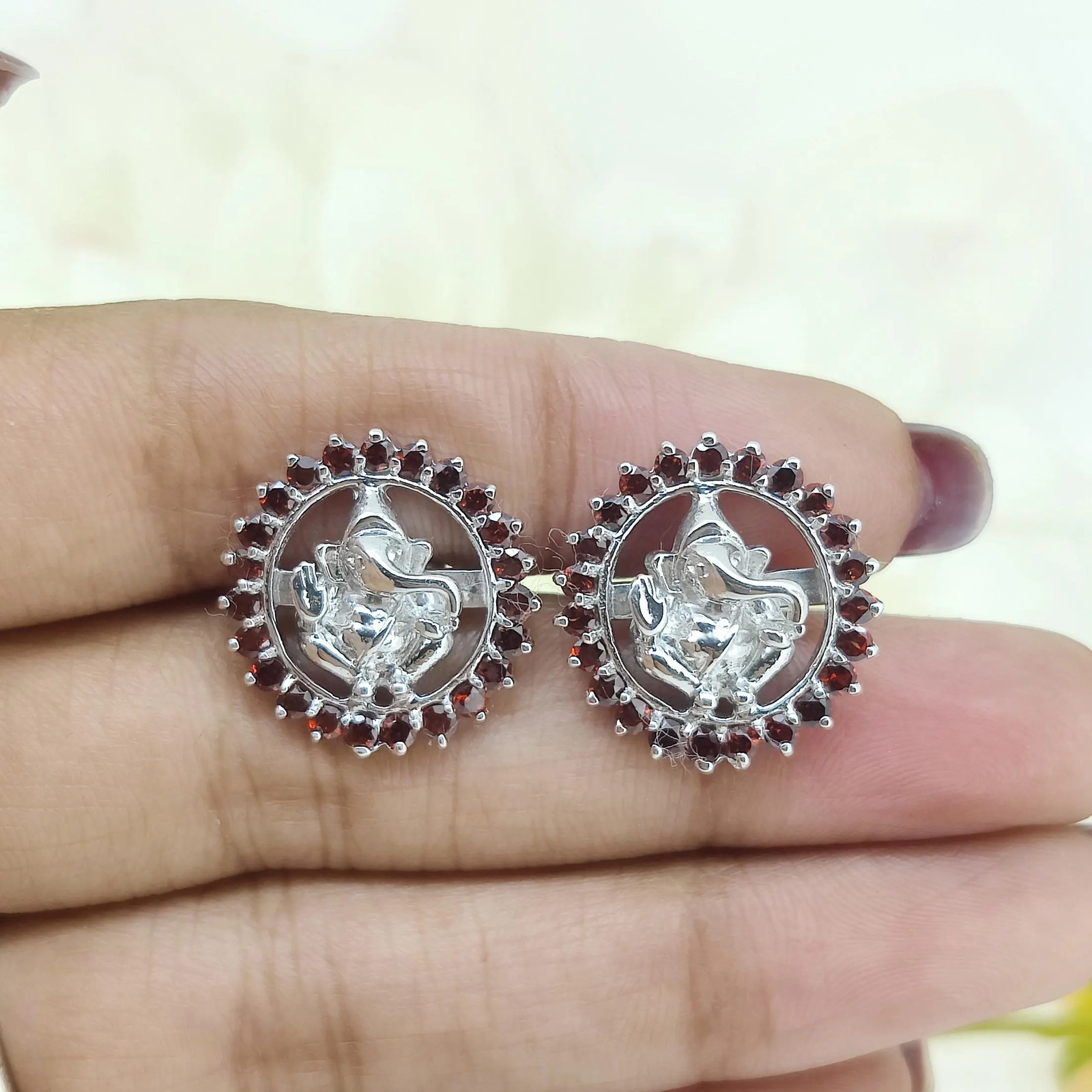 Garnet Ganesha Cufflinks, Sterling Silver Lord Ganesh Jewelry,January Birthstone