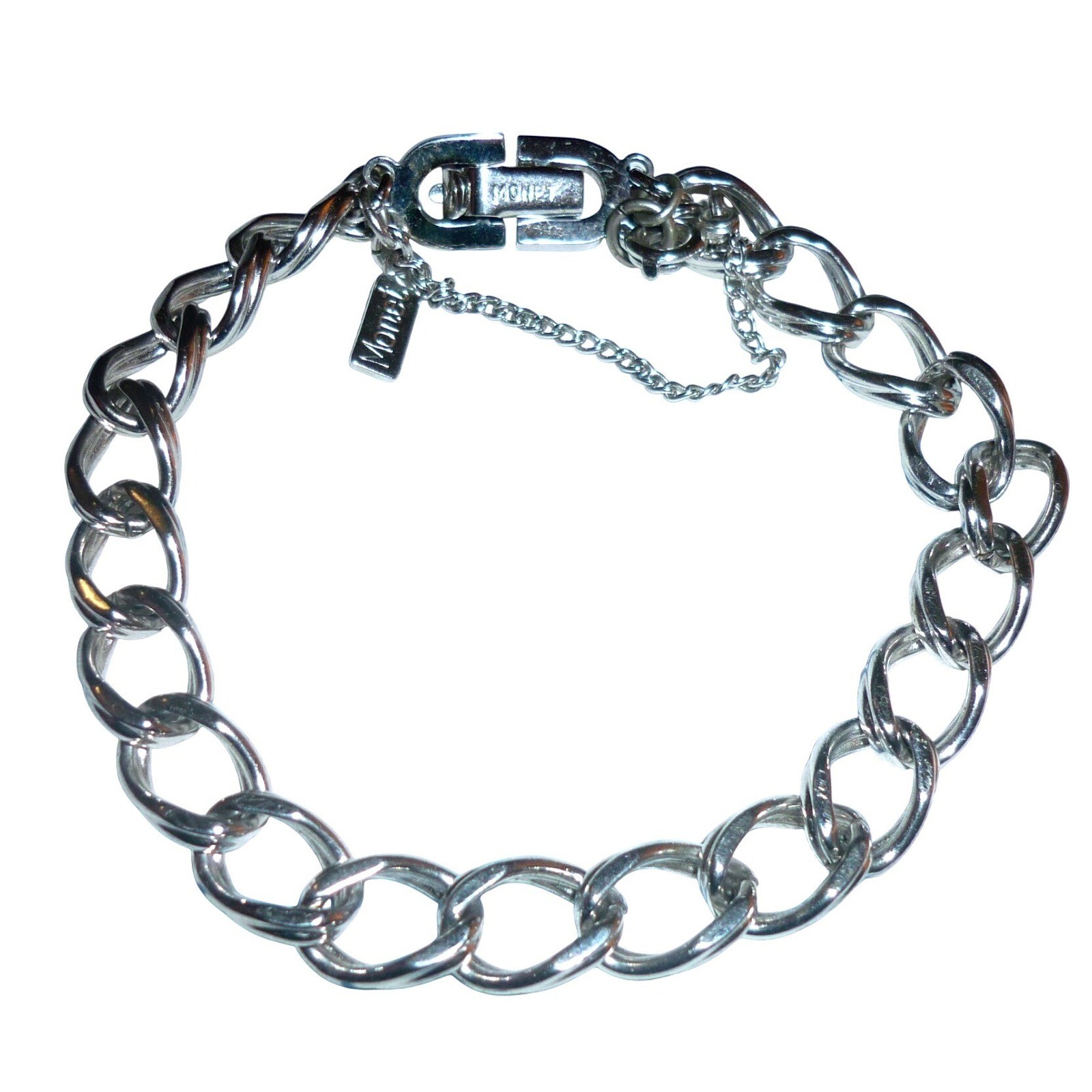 Monet Silver Tone Curb Link Bracelet with Safety Chain 7.5 Inch Vintage
