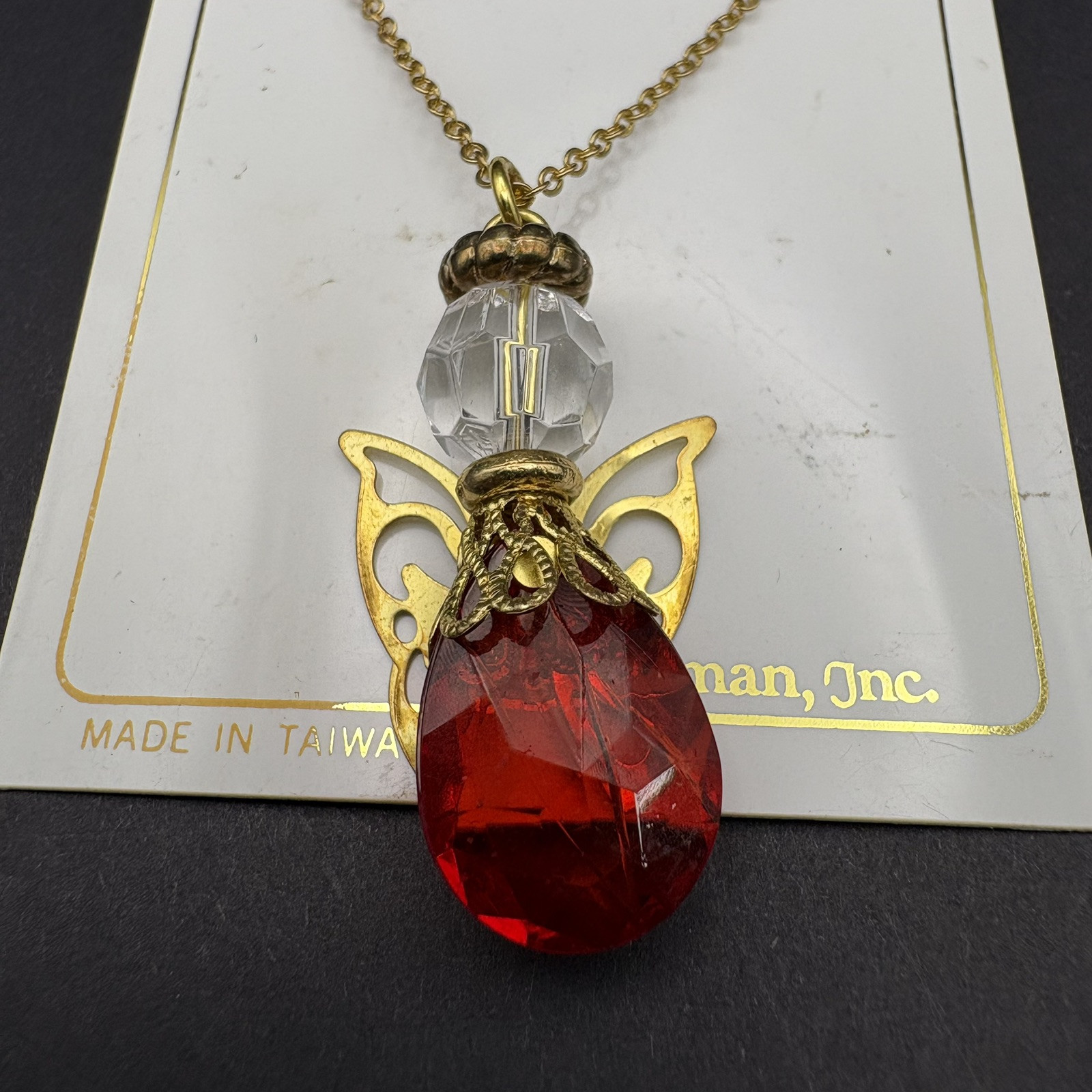 Roman Inc. July Birthstone Faux Ruby Pendant Necklace Gold Tone Angel Charm