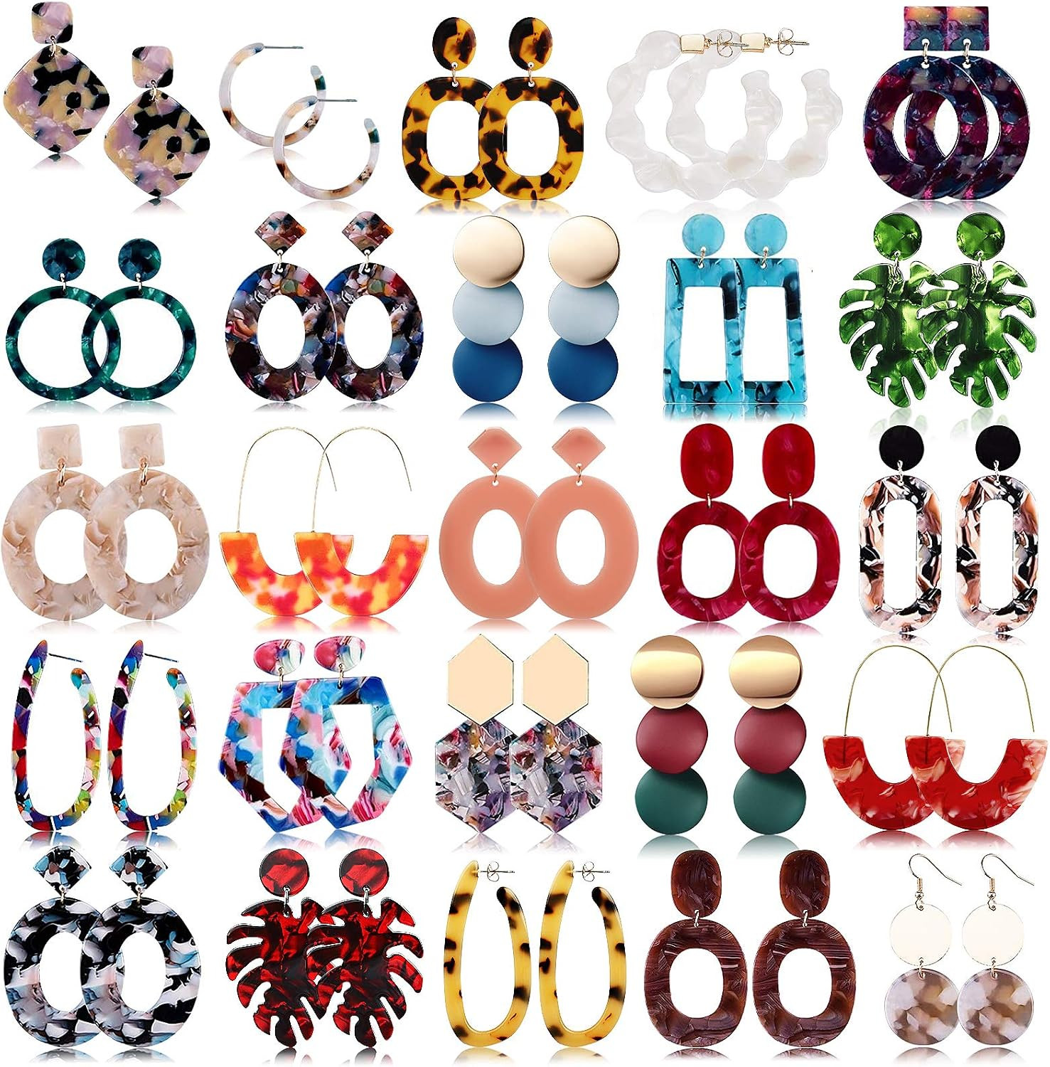 25 Pairs Acrylic Resin Statement Earrings Set for Women Mottled Hoop Fashion Dro