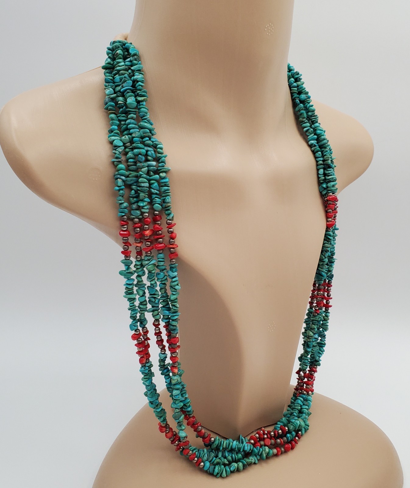 Turquoise Red Coral Necklace 28in Multi Strand Chip Bead Southwest Tribal Wrap
