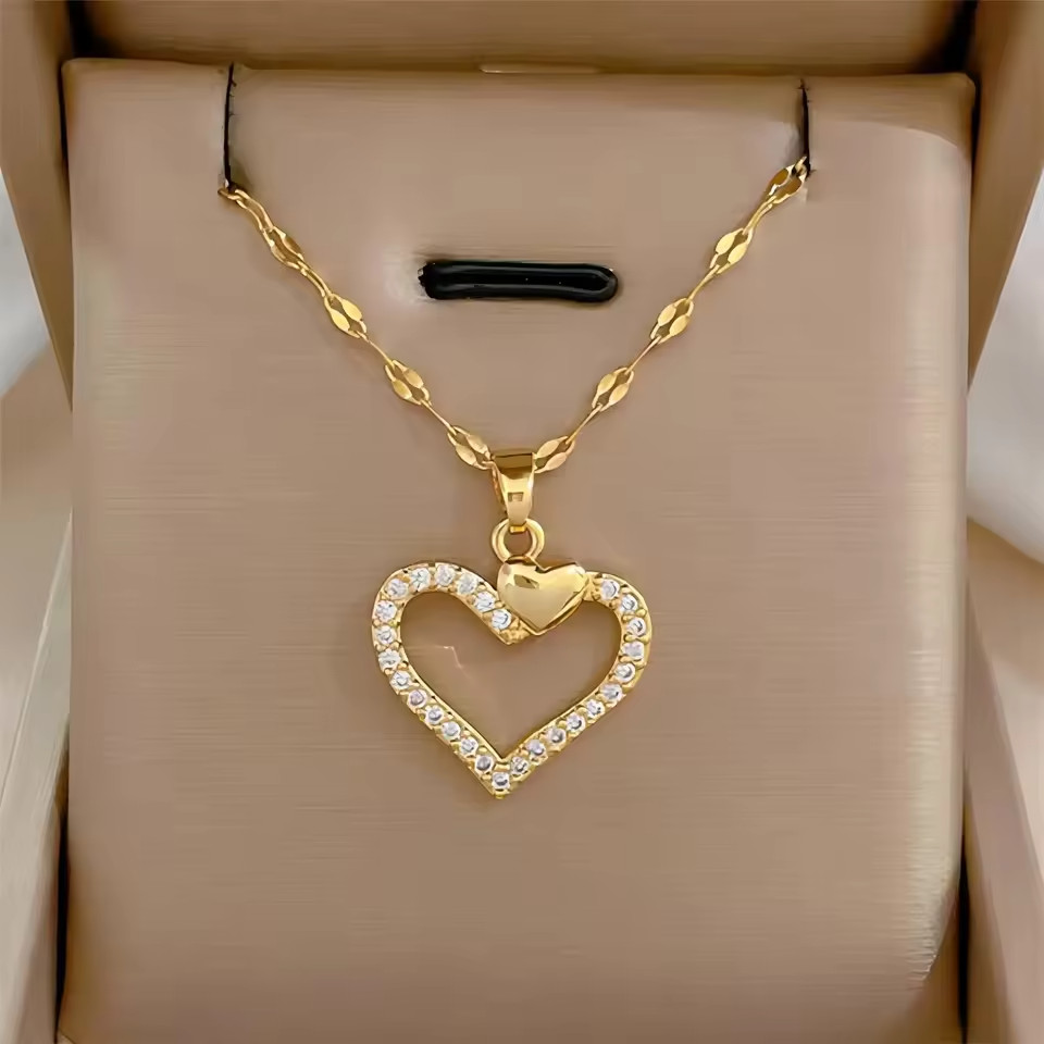 Trendy Heart Stainless Steel Zirconia Necklaces For Women Girls Love Gold Color