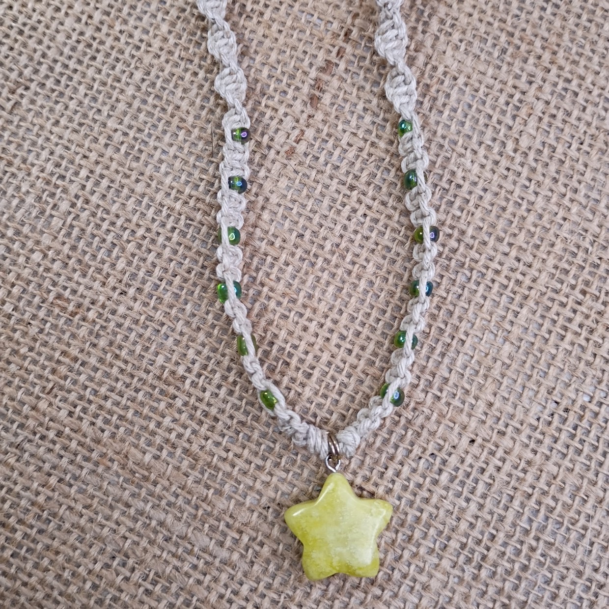 Natural Hemp Necklace w/ Jasper Star Charm & AB Beads, 16 -21 inch Ready to Ship