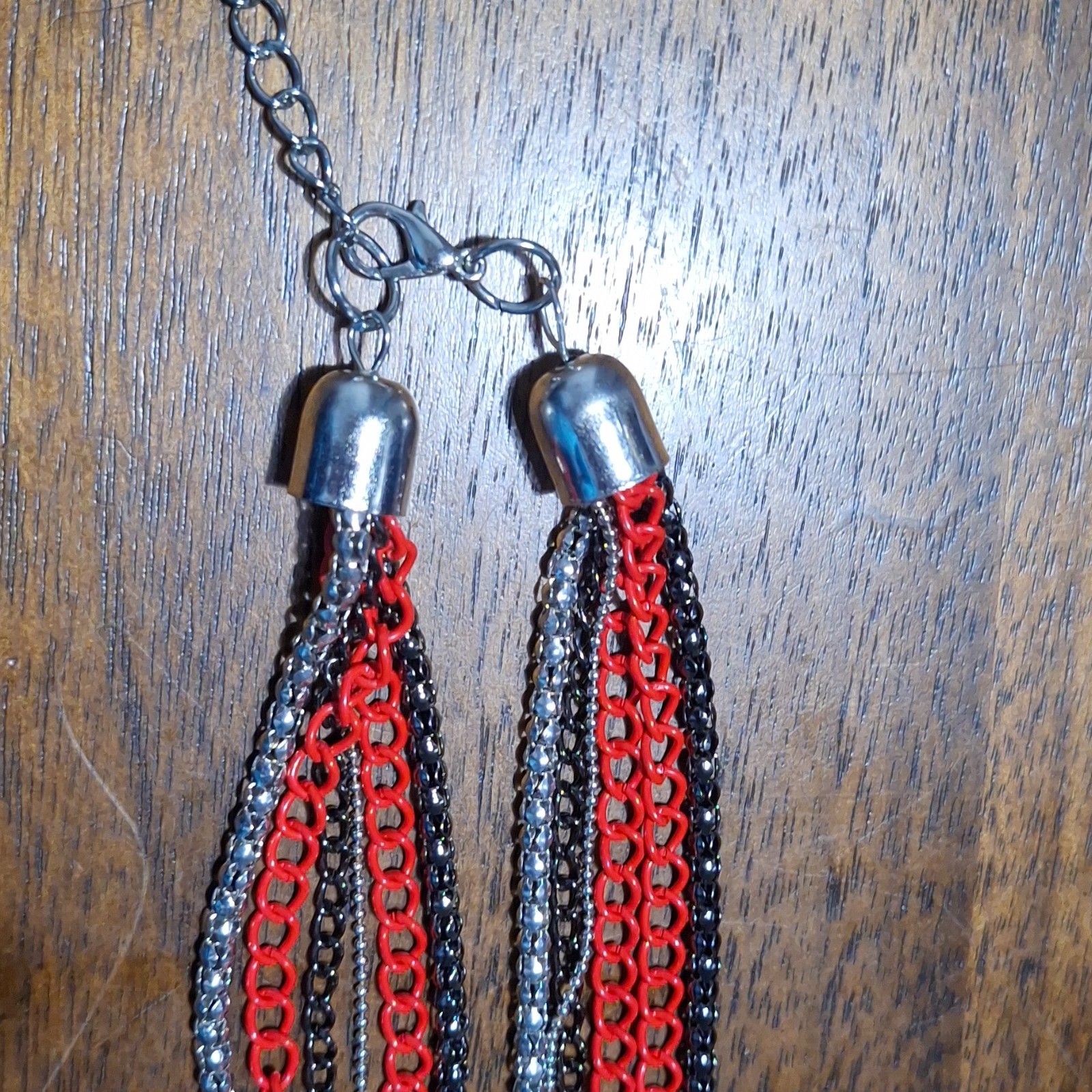 Multi-Strand Layered Cable Chain Necklace Lanyard Red Black Silver Tone