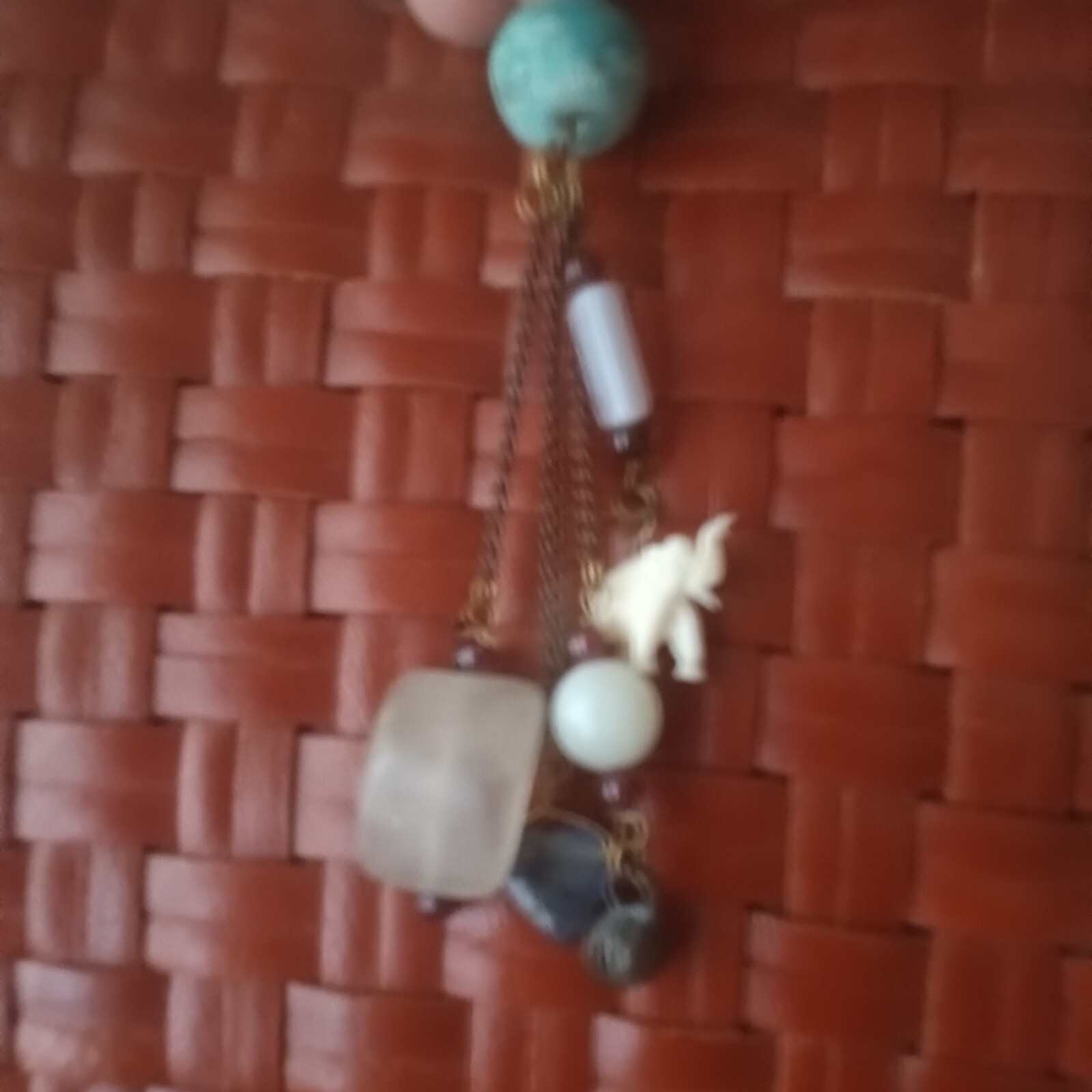 Crafted Dangle Drop Earrings 4″. Beads Granite Heart Elephant on Verdigris Ball.