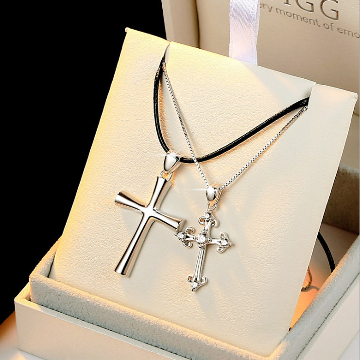A Pair Women Men 925 Sterling Silver CZ Cross Pendant Necklace Diamante Gift S2