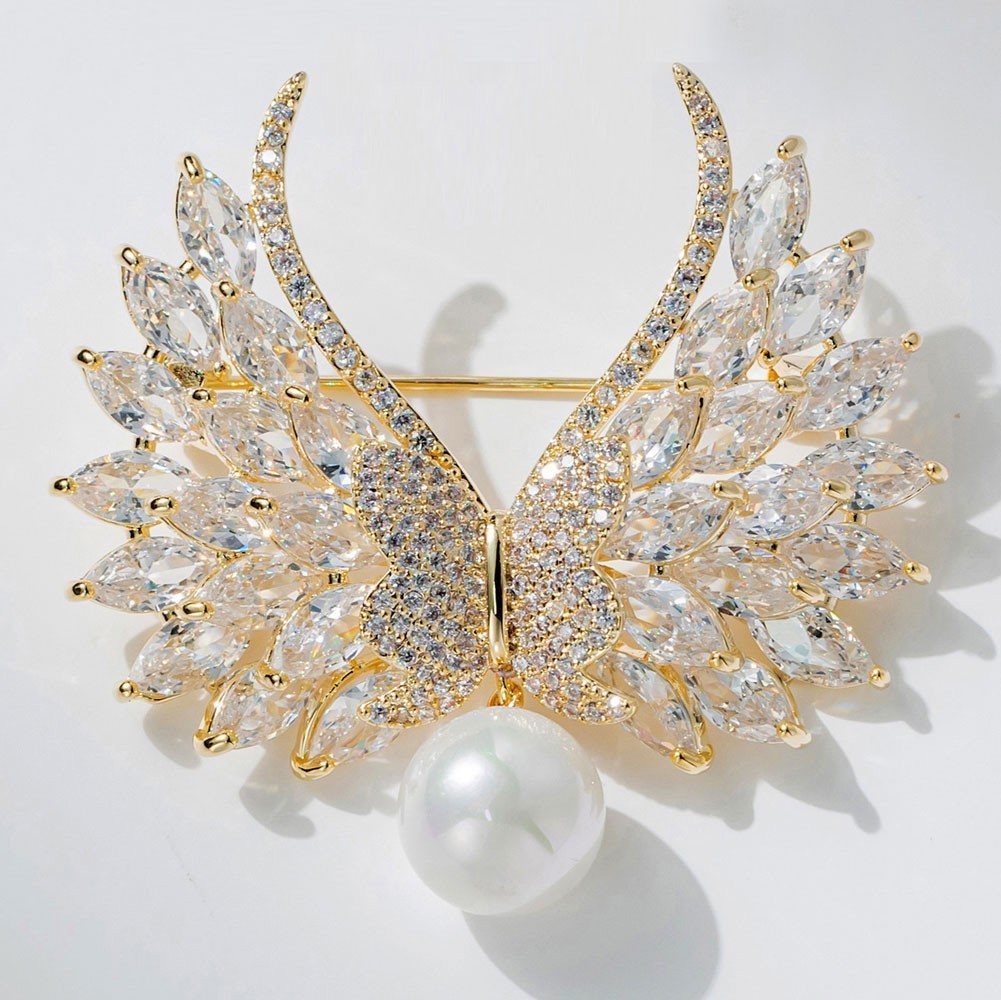 18K Gold-plated Charming Angel Wings Pearl Woman’s Brooch Pin Zircon Crystal