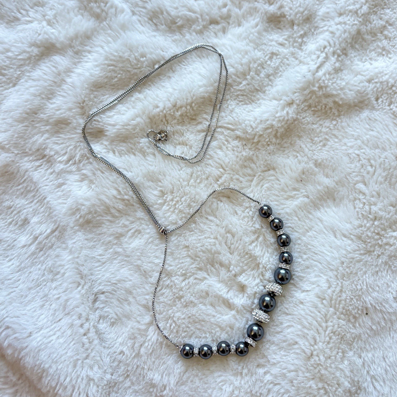 Vintage Henri Bendel Hematite Bead Crystal Pave Adjustable Bolo Necklace Silver
