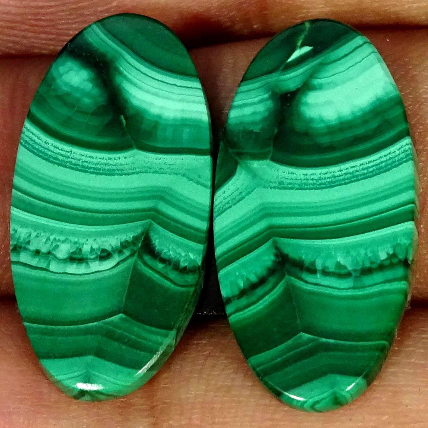 23.10Cts Natural Green Malachite Oval Cabochon Pair Gemstone 13X26X3MM