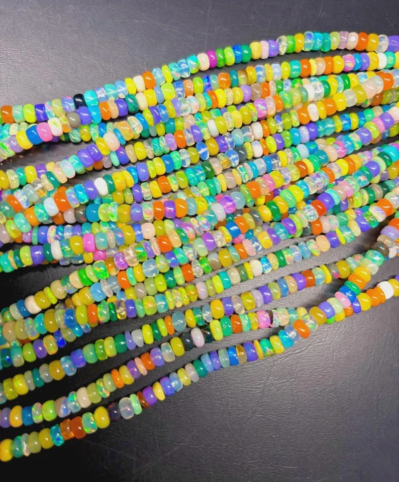 Disco Ethiopian Opal Rondelle Beads: Smooth Multi-Color, 4x5mm 16”