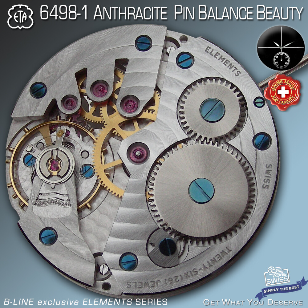 MOVEMENT ETA 6498-1, HIGHEND ANTHRACITE ELABORE, PIN BALANCE ¾ BRIDGE, 17 JEWELS