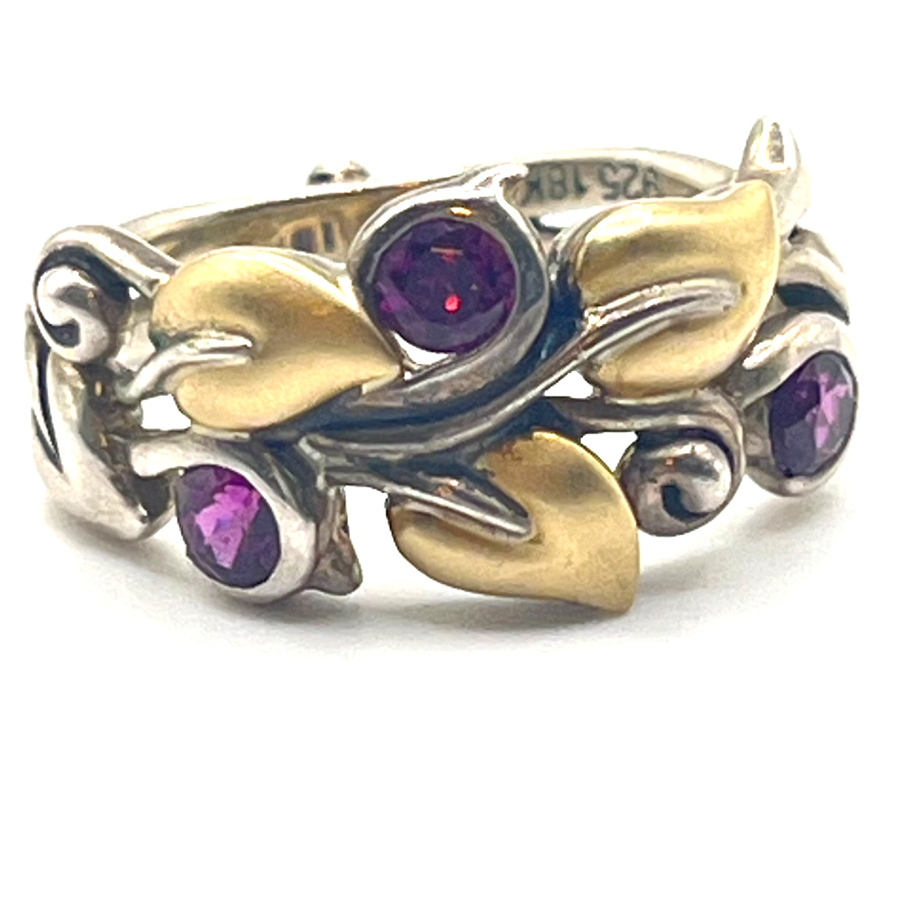 Barbara Bixby Ring Rhodolite Garnet Sz 8 💥 Vine Leaf Sterling 925 & 18k Leaf