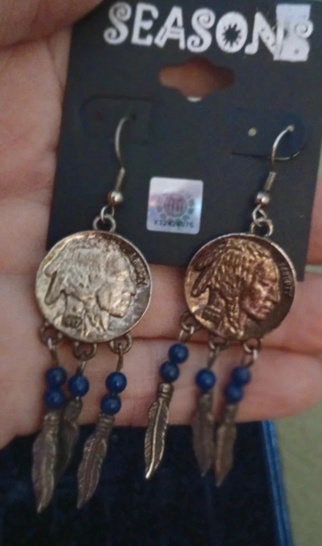 Buffalo Nickel / Native American Head Earrings & Feather Charms Multicolor Hook
