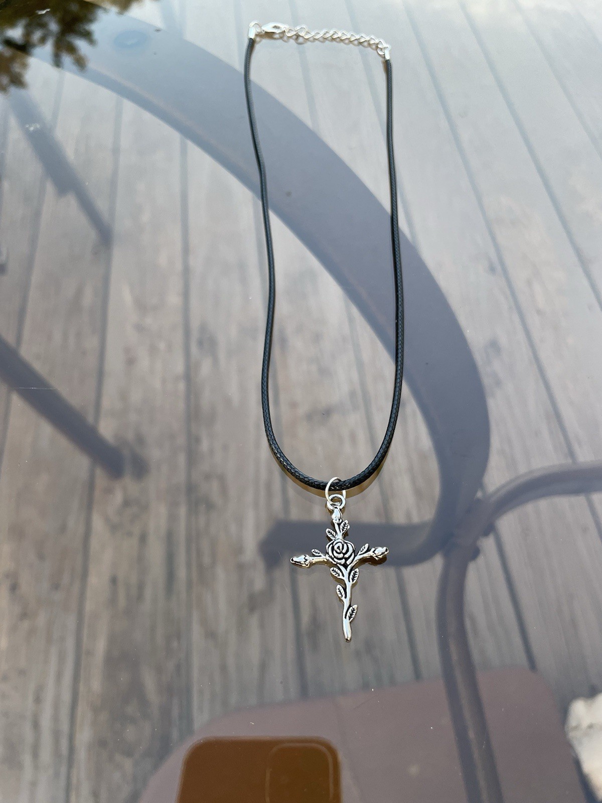 Handmade Y2K Punk Silver Black Cross Flower Rose pendant PU leather necklace