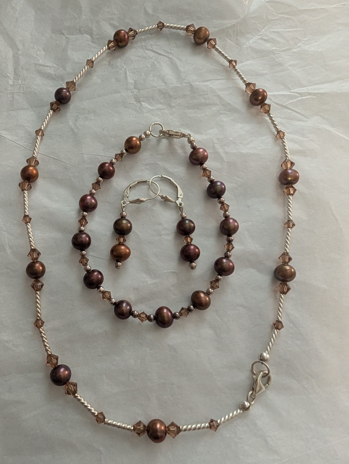 925 Sterling Freshwater Pearl Necklace Bracelet Earrings Set Bronze