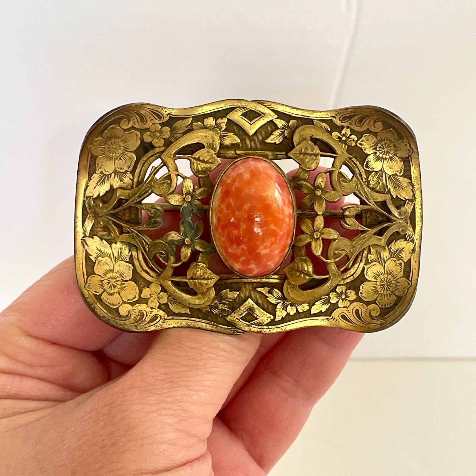 Antique Art Nouveau Sash Pin – Victorian Edwardian Brass Floral Brooch c 1900