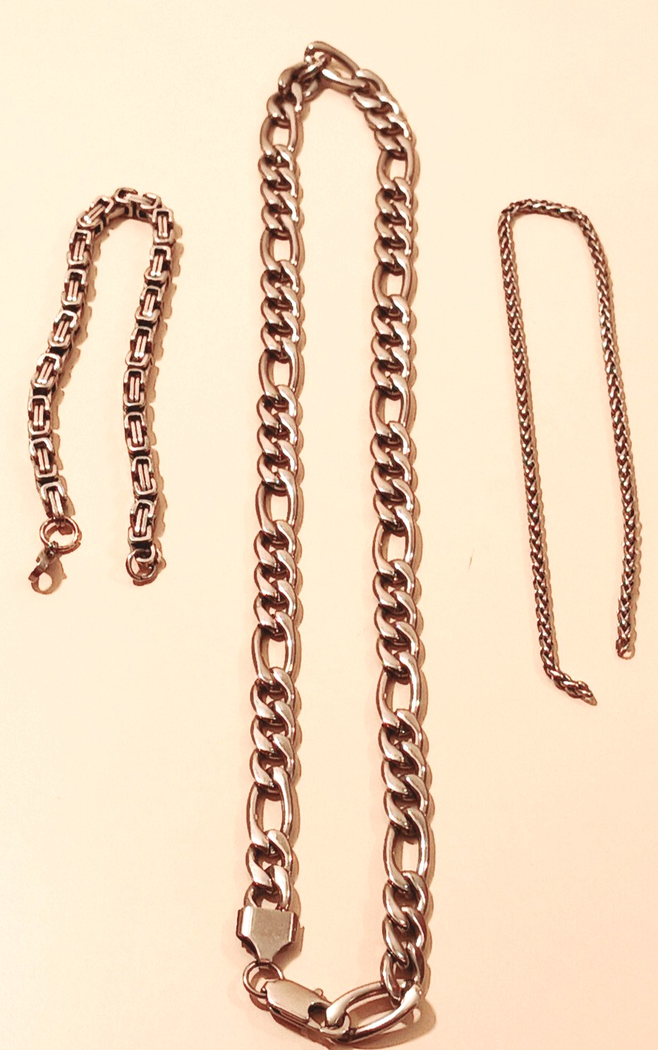 Stainless Steel Jewelry Set Lot: Byzantine Anklet 9″ Figaro Necklace 21″ Curb An